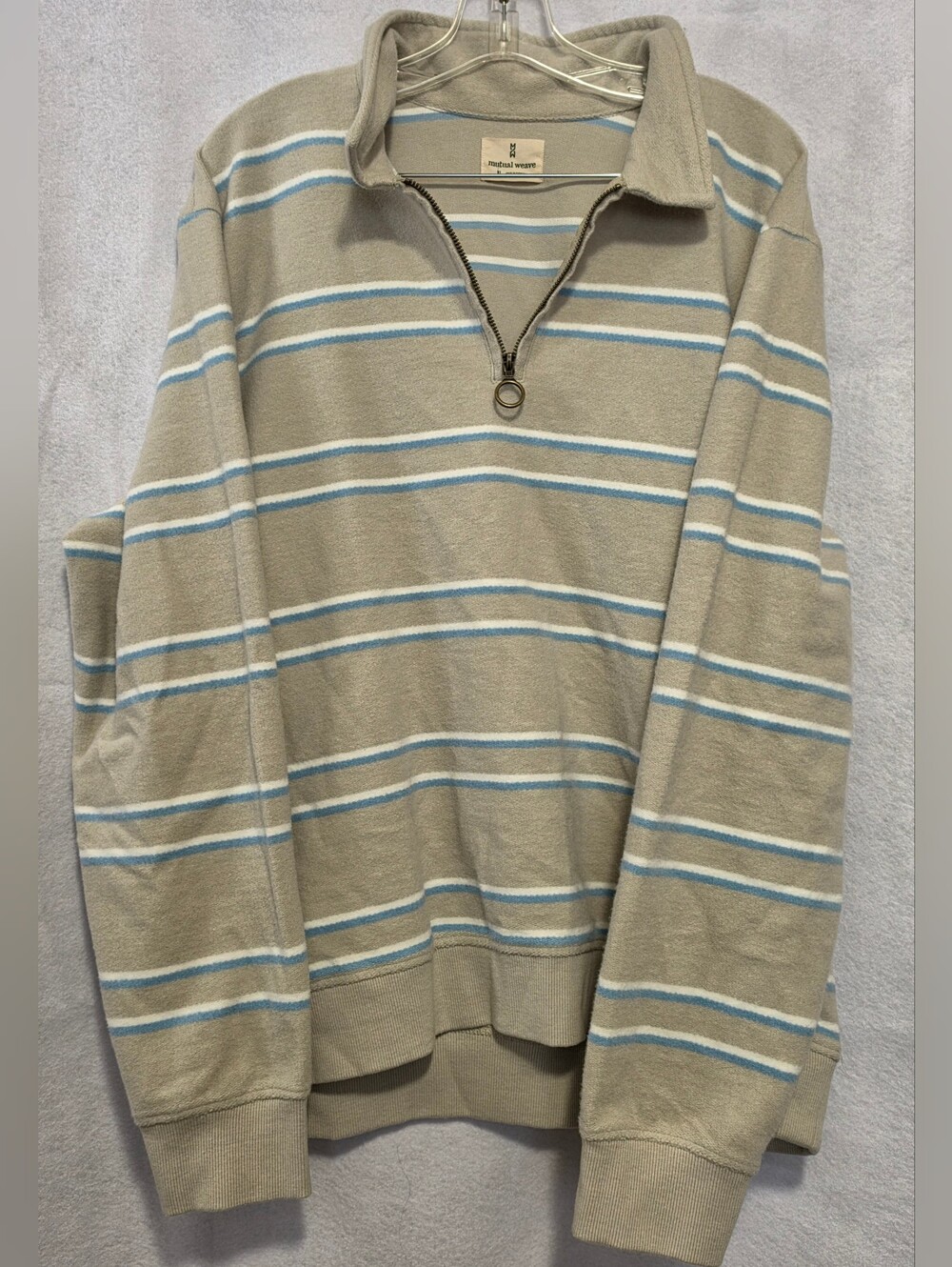 Mutual Weave Men's Quarter Zip Pullover Sweater Striped Beige Blue Size XL